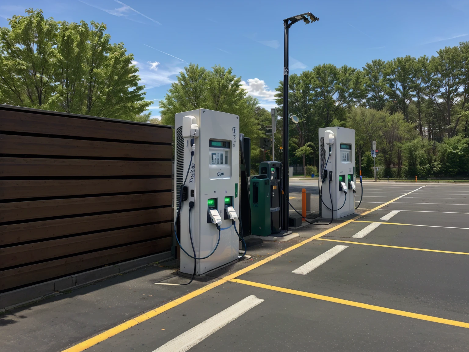 there are two electric charging stations in a parking lot, electric, shutterstock, sharp lines, a green, the photo shows a large, image, photo taken in 2018, description, high quality picture, static, typical, commercially ready, illinois, alternate angle, automotive, beautiful image, energy, scenic full shot, beautiful views, by Randy Post