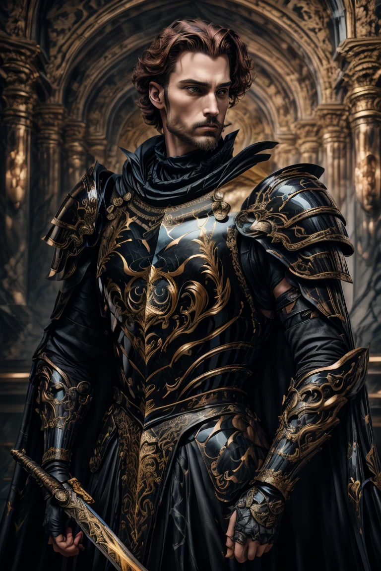 Maximilian Habsburg, Strongly built, (six feet tall), blue eyes, neck length reddish hair, large hooked nose, jutting jaw ((no beard)), (wearing Gothic-style plate armor, luxurious crimson satin robe) (longsword against his right shoulder) Background: Battlefield, Full body, Conceptual art, UHD, masterpiece, anatomically correct, high details, super detail, high quality, highres, 4K, 8k