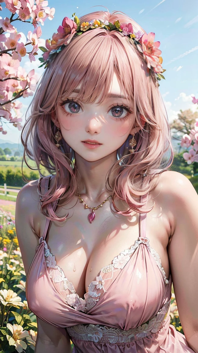 (Masterpiece, BestQuality:1.3), (ultra detailed:1.2), (hyperrealistic:1.3), (RAW photo:1.2), High detail RAW color photo, professional photograph, (Photorealistic:1.4), (realistic:1.4), (Pink Hair:1.5), professional lighting, perfect anatomy, (Big Breasts:1.2), (blush, detailed face), (cheerful Smile:1.5), Trending Hair&Trending Hairカラーをランダムに, earrings, necklace, bracelet, sexly, erotic sexly, Random sexy gravure poses, (Sexy beauty in a soft pink dress、Flower field background、A happy smile、Posing with a flower crown、Sheer: 1.3)