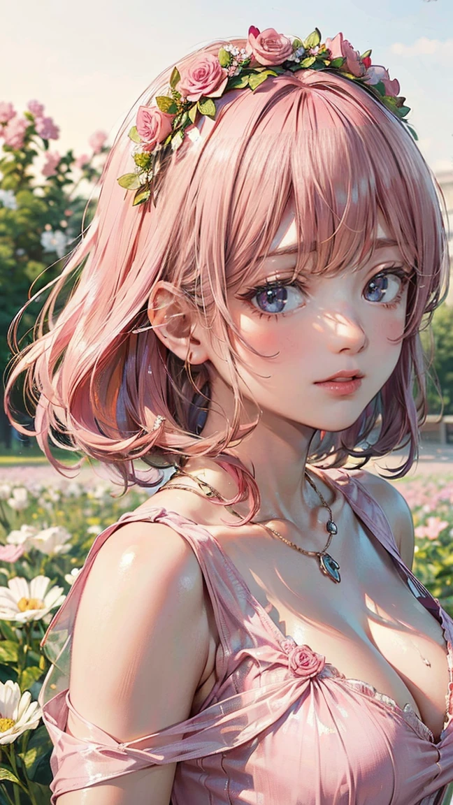 (Masterpiece, BestQuality:1.3), (ultra detailed:1.2), (hyperrealistic:1.3), (RAW photo:1.2), High detail RAW color photo, professional photograph, (Photorealistic:1.4), (realistic:1.4), (Pink Hair:1.5), professional lighting, perfect anatomy, (Big Breasts:1.2), (blush, detailed face), (cheerful Smile:1.5), Trending Hair&Trending Hairカラーをランダムに, earrings, necklace, bracelet, sexly, erotic sexly, Random sexy gravure poses, (Sexy beauty in a soft pink dress、Flower field background、A happy smile、Posing with a flower crown、Sheer: 1.3)