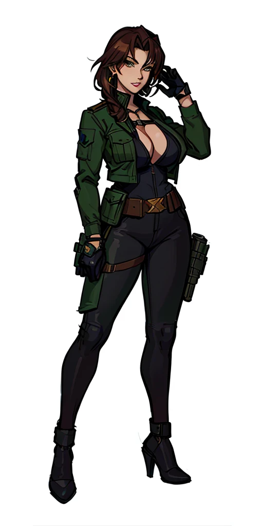 a cartoon picture of a woman in a green jacket and black pants, d & d style full body portrait, in a dark space mercenary outfit, rpg portrait full body, anya from spy x family, full body illustration, full body portrait of a short!, revy from black lagoon, valkyrie style character, dark natasha, dieselpunk soldier girl