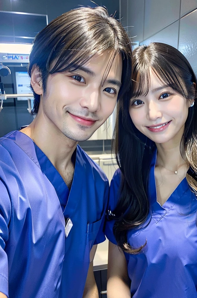 Male dentist and female dental hygienist　２people　A good business partner　日本people　Handsome Men and Beautiful Women　Wearing blue medical scrubs　Upper body close-up　high resolution　high resolution　Highest quality　smile　Face is far away