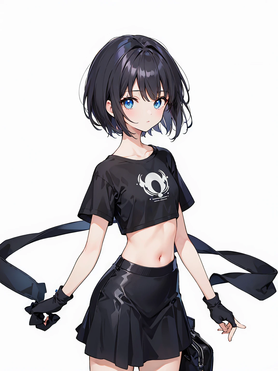 1girl, solo, blue eyes, (detailed eyes), flat chest, short hair, black hair, ((black t-shirt)), simple t-shirt, black skirt, black socks, standing, upper body, (white background), Transparent background, looking down, ((masterpiece, illustration, best quality)) 