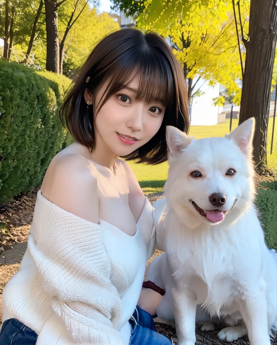 Super delicate dog expression、Being with a dog、A girl and a dog warming themselves by a bonfire、Lens flare、Hair blowing in the wind、Medium Short Hair、、Expressing the whiteness of one's breath、Photo from the waist up、Night city illumination shot、Cowgirl Shot、Fur coat、豪華なグレーのミンクのFur coat、Wear fine leather boots、Luxury Bags、Inner turtleneck、Silver necklace and small silver earrings Millionaire style:1.4))、Full body photo、smile、 Caustics、Highly detailed photos、Very beautiful woman 、Ample breasts、No makeup、(8K、RAW Photos、Highest quality、masterpiece:1.2)、(Realistic、Realistic)、1 Girl、((Medium Short Hair、Midwinter、Cold region Snow falling、The wind is blowing、Fluttering Hair、Blur the background、Colorful illuminations、Looking into the camera:1.4))、