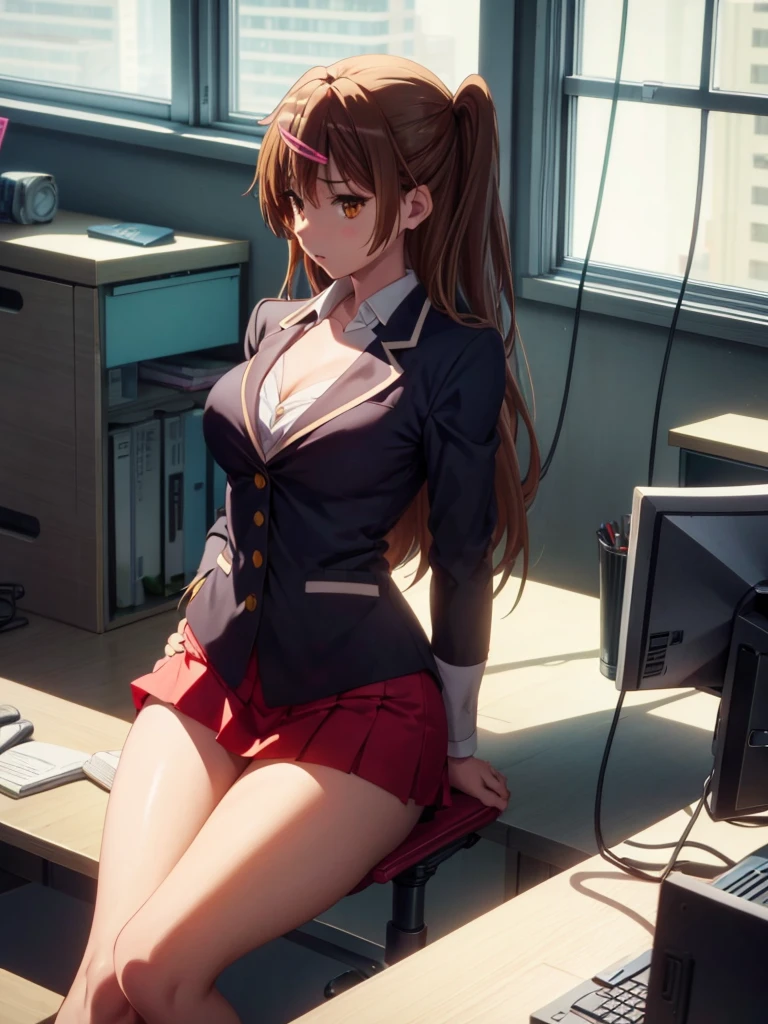 Girl, short tight skirt, Strict office suit , You can see her breasts,  Director's Office background, Huge window, openlegs, Sneakers, Bare chest, small breast, slim body,  You can see the thong