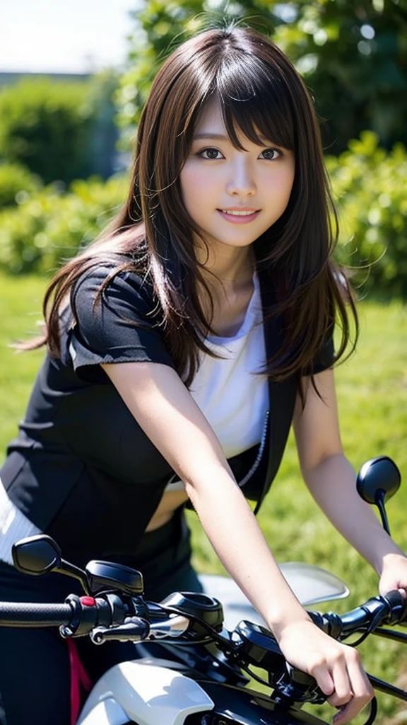 Close-up of a cute Japanese girl riding a motorcycle,