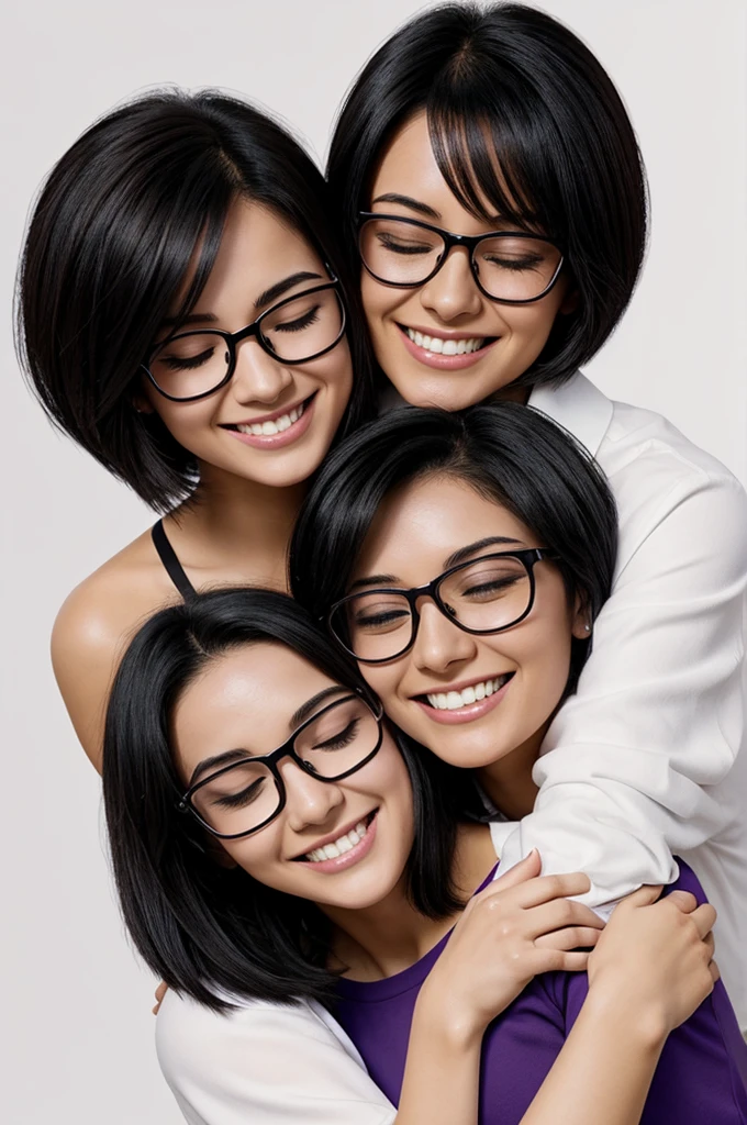 Screenshot My hero Academia, pretty woman with short black hair and black eyes, White skin, smiling expression, Closed eyes, being hugged by another attractive cute woman wearing round purple glasses, long dark brown hair, black eyes, smiling and hugging the other girl, White background