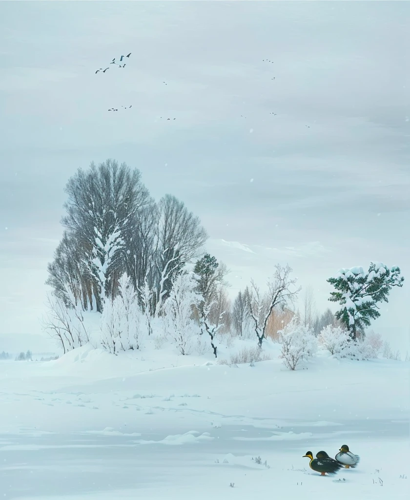 Painting of ducks in the snow with trees and birds, winter, winter景观, Snow Scene, Snow Scene, Winter scene, Inspired by Alexey Kondratievich Safrasov, Winter in the snow, winter场景, icy landscape, author:Li Keran, Winter atmosphere, Inspired by Robert Bateman, Winter