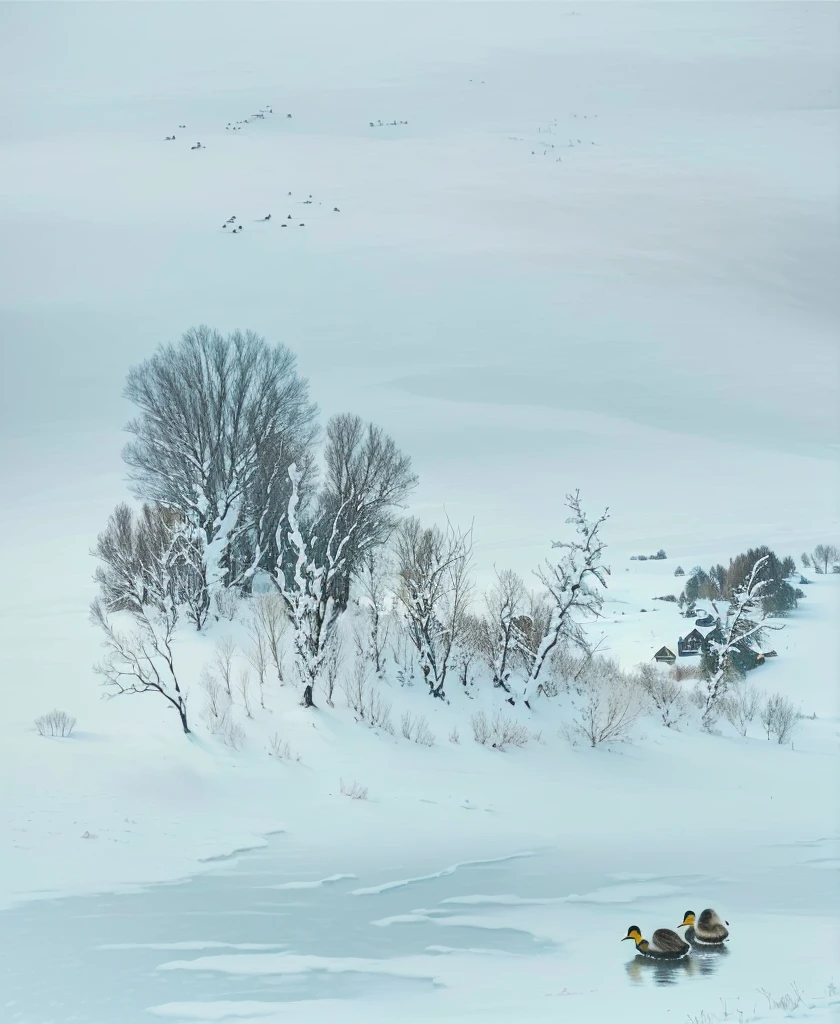 Painting of ducks in the snow with trees and birds, winter, winter景观, Snow Scene, Snow Scene, Winter scene, Inspired by Alexey Kondratievich Safrasov, Winter in the snow, winter场景, icy landscape, author：Li Keran, Winter atmosphere, Inspired by Robert Bateman, Winter