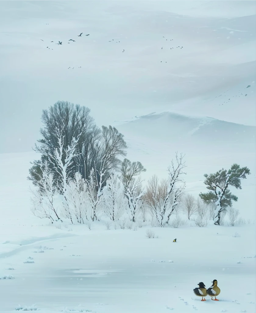 Painting of ducks in the snow with trees and birds, winter, winter景观, Snow Scene, Snow Scene, Winter scene, Inspired by Alexey Kondratievich Safrasov, Winter in the snow, winter场景, icy landscape, author:Li Keran, Winter atmosphere, Inspired by Robert Bateman, Winter
