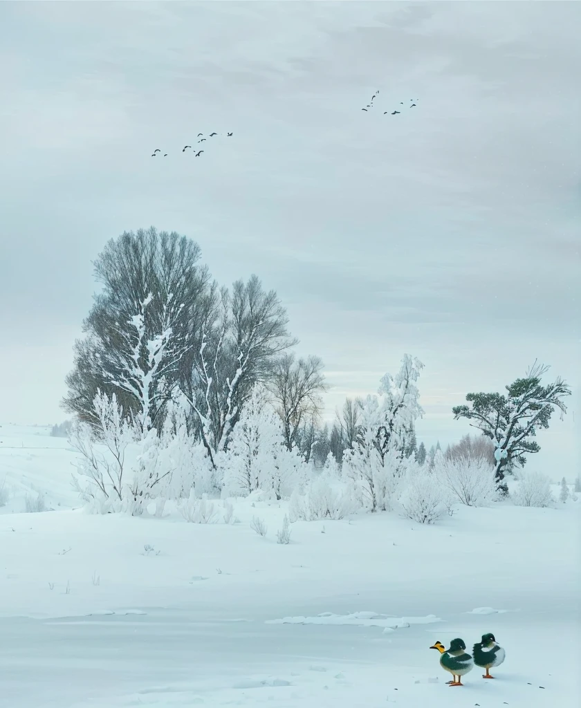Painting of ducks in the snow with trees and birds, winter, winter景观, Snow Scene, Snow Scene, Winter scene, Inspired by Alexey Kondratievich Safrasov, Winter in the snow, winter场景, icy landscape, author:Li Keran, Winter atmosphere, Inspired by Robert Bateman, Winter