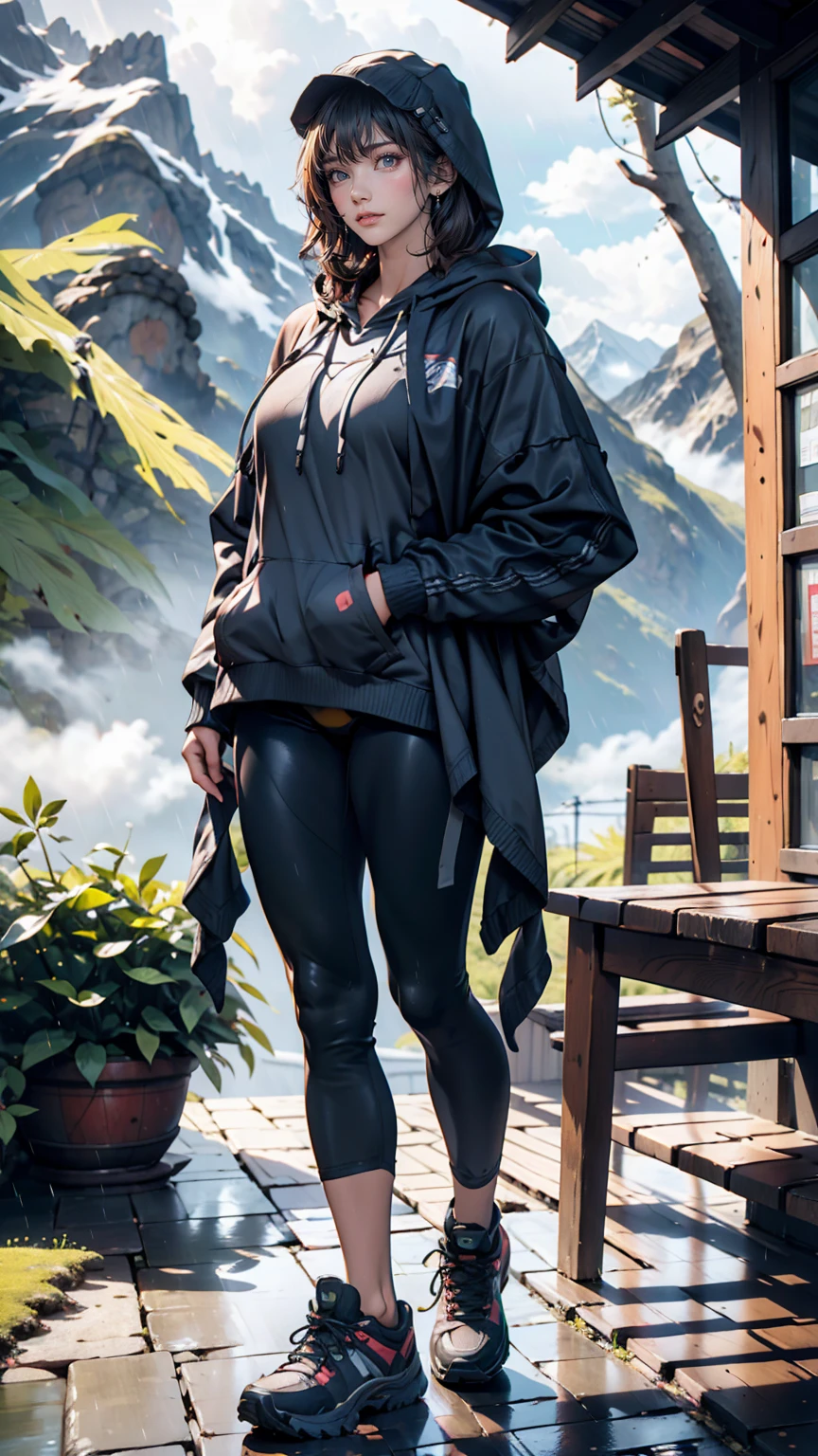 Alps on a rainy day、Wearing a poncho、24-year-old woman、Wear a hood、Wear trekking shoes、Wear leggings、The Alps are hazy with rain、Cloudy