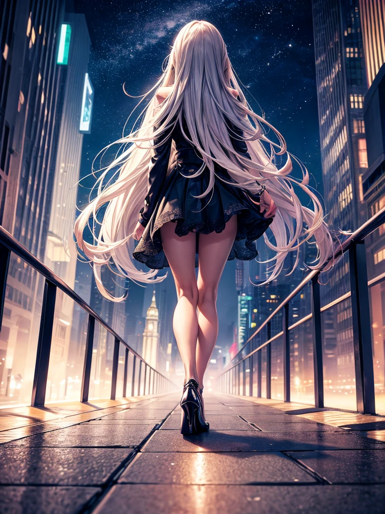 Highest quality,Highest Resolution,Back view of a beautiful girl walking along a straight road in a night city towards a luxurious tower,