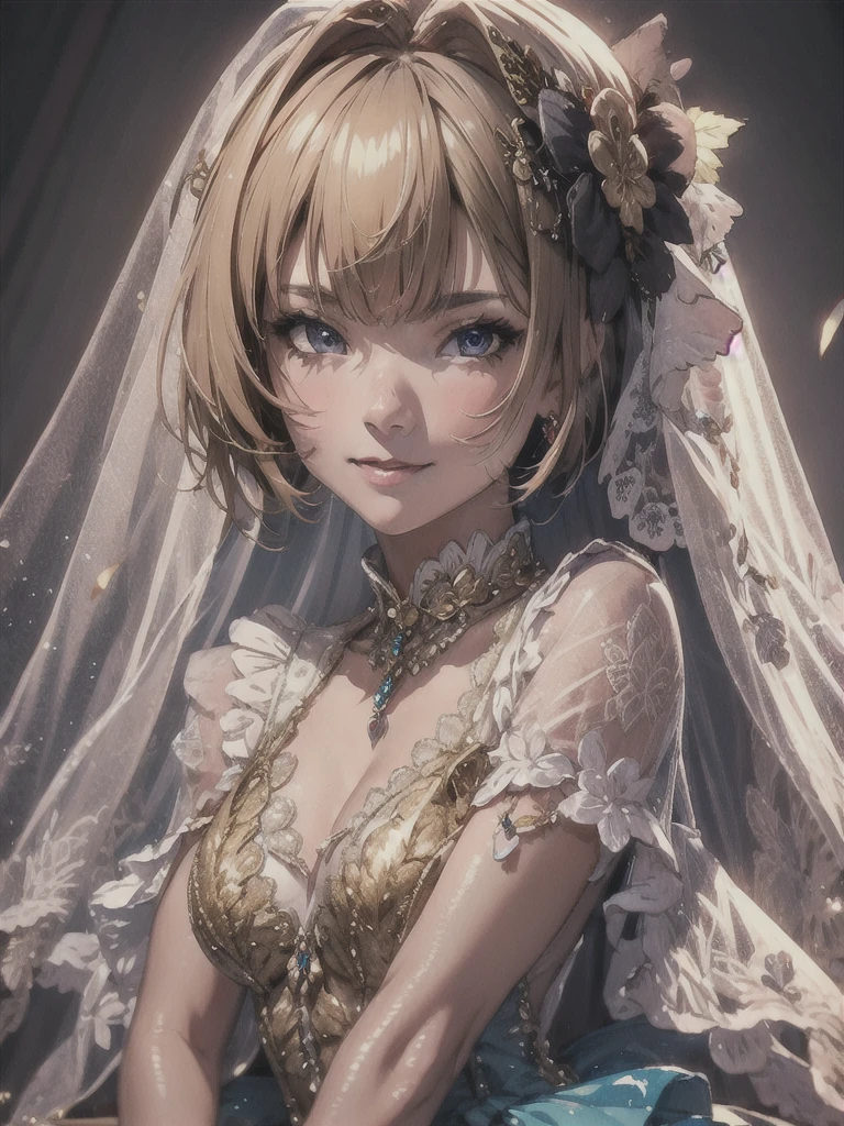 prompt: 8K resolution, Delicate features, , single, Unique pupils, smile, blonde, Princess Cut, Ribbon hair ornament, brooch, Shiny candy blue dress, Gold embroidery,Lolita Style, Gothic style, Facing the audience, Otaku Room, Female demon