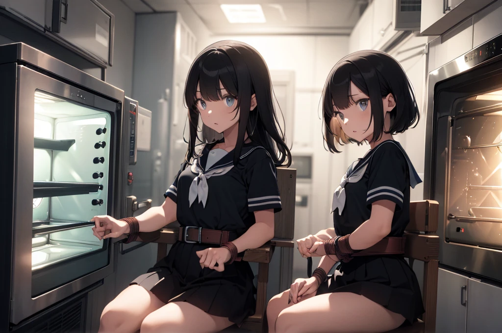 3 girls, ((squeezed together, inside tiny cube, strapped to chairs)), (sitting:1.5), (inside cube:1.5), ((basement, metal room)), (((3 girls, group of girls))), (inside tiny cube, tightly packed), arms to sides , wrist cuffs, ankle cuffs, (((shocked expression, struggling))), ((short sleeve,  sailor uniform, tight clohing)), arms to sides, long hair, dark hair, saphire eyes, perfect body, perfect face, detailed face, (((detailed eyes))), image taken from afar