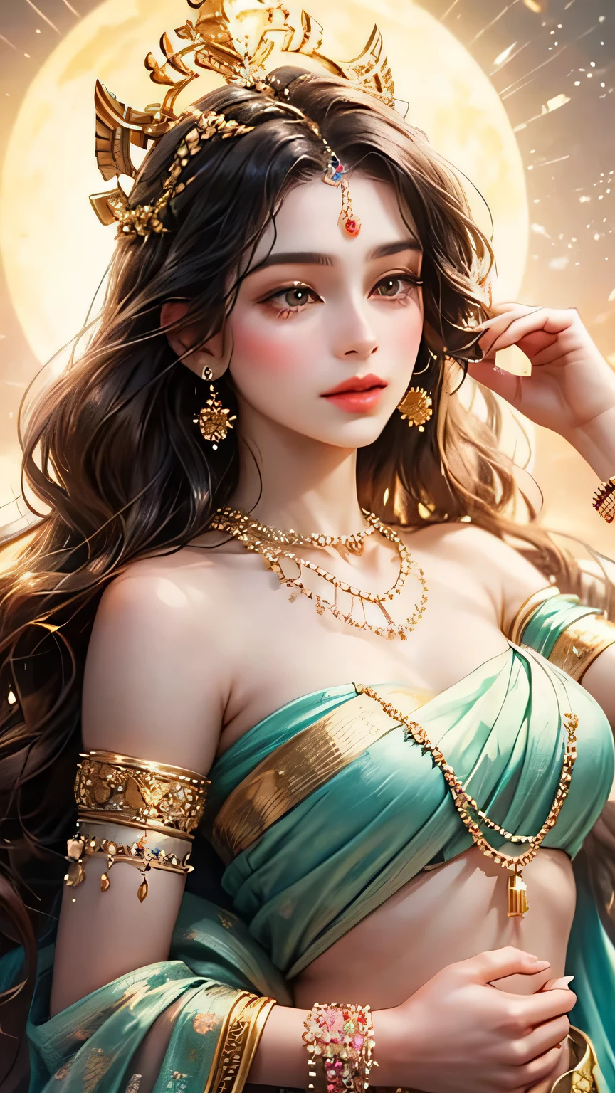 Goddess, very beautiful, animated style, closeup shot, anime in a yellow and pink combination indian saree, long black wavy hair untied, head jewellery, head clips, head chains, head tiara, necklace, long and beautiful earings, armlets, bangles and bracelets, rings, pleasant expression, bright big black eyes, holding a flower, natural beauty, vibrant colors, dreamy, northern light, pink bubble, romantic, soft lighting, vintage aesthetic