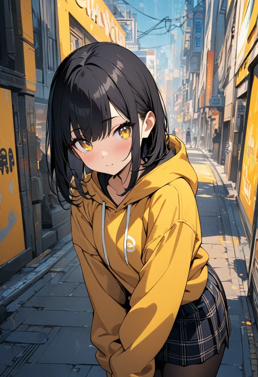 (BEST QUALITY), (MASTERPIECE), illustration, Extremely_detail, 4k wallpaper , 1 girl, tall girl, yellow street hoodie, black plaid skirt, black tights, blue jeans, 18 years old , black Hair, long bob hair, yellow eyes, cute, beautiful, Background of the city