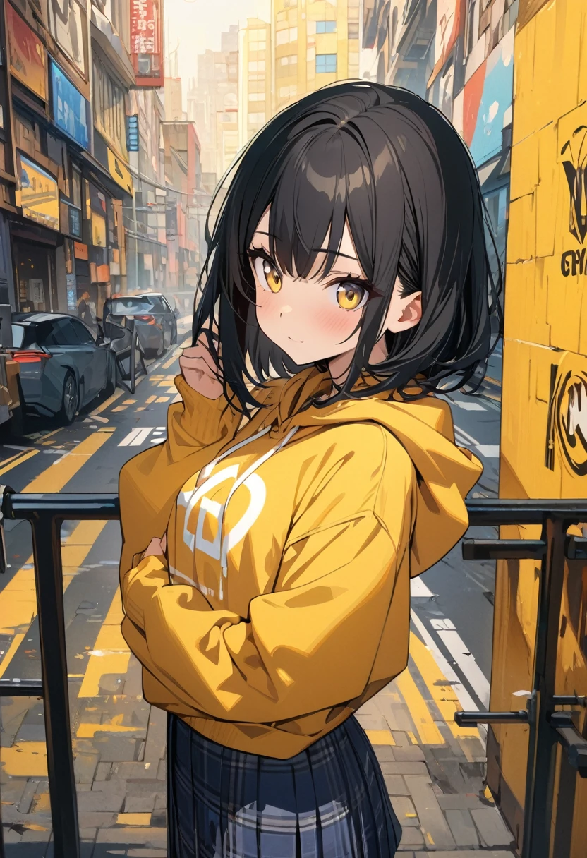 (BEST QUALITY), (MASTERPIECE), illustration, Extremely_detail, 4k wallpaper , 1 girl, tall girl, yellow street hoodie, black plaid skirt, black tights, blue jeans, 18 years old , black Hair, long bob hair, yellow eyes, cute, beautiful, Background of the city