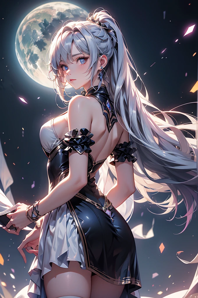 (masterpiece:1.5, Highest quality, Very detailed、 Dutch Angle、Realistic、Fantasy)(One girl, alone)(White and beautiful hair:1.4,,Straight Long Hair)(White based dress, zettai ryouiki)、((medium breasts))(from backside)(Beautiful starry sky、Mystical Night、Particles of light float around the woman、Fantasyな空間)Kiana Kaslana
