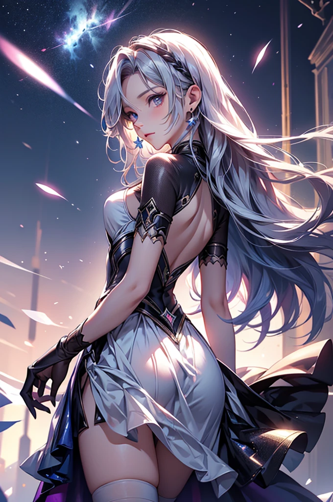 (masterpiece:1.5, Highest quality, Very detailed、 Dutch Angle、Realistic、Fantasy)(One girl, alone)(White and beautiful hair:1.4,,Straight Long Hair)(White based dress, zettai ryouiki)、((medium breasts))(from backside)(Beautiful starry sky、Mystical Night、Particles of light float around the woman、Fantasyな空間)Kiana Kaslana