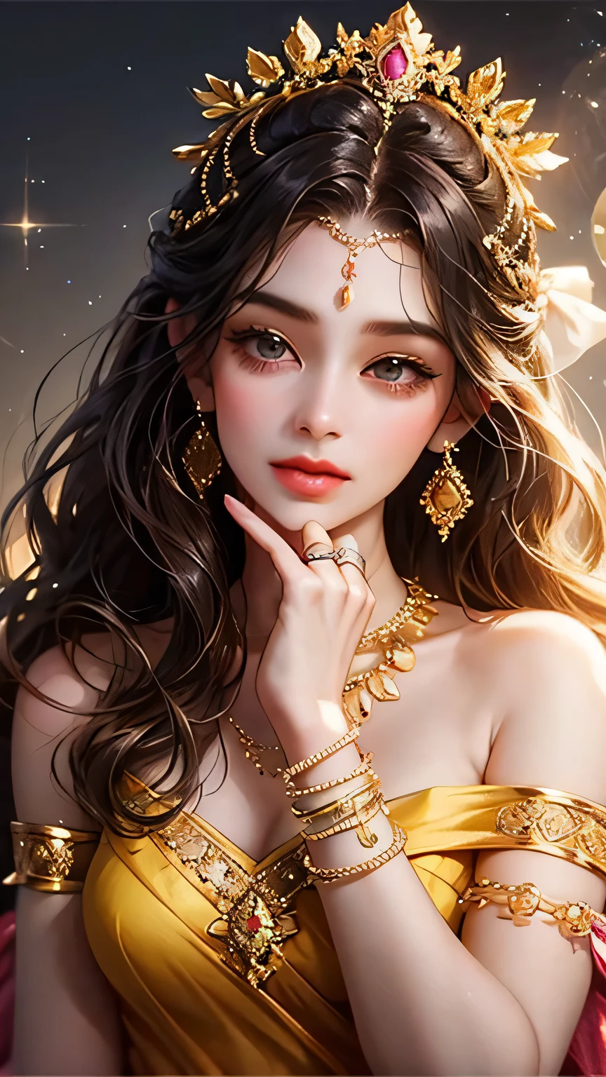 Goddess, very beautiful, animated style, closeup shot, anime in a yellow and pink combination indian saree, long black wavy hair untied, head jewellery, head clips, head chains, head tiara, necklace, long and beautiful earings, armlets, bangles and bracelets, rings, pleasant expression, bright big black eyes, holding a flower, natural beauty, vibrant colors, dreamy, northern light, pink bubble, romantic, soft lighting, vintage aesthetic
