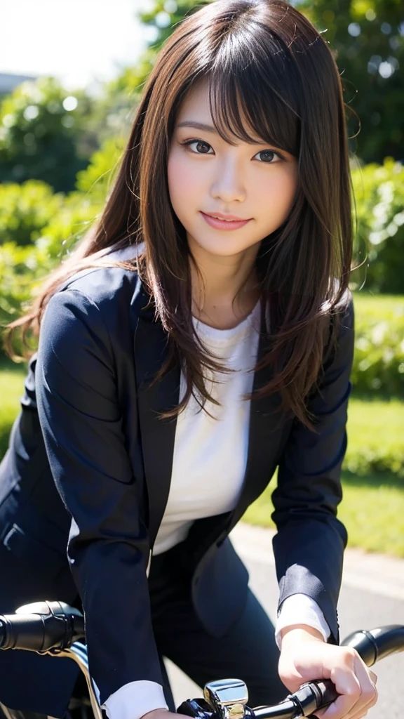 Close-up of a cute Japanese girl riding a motorcycle,