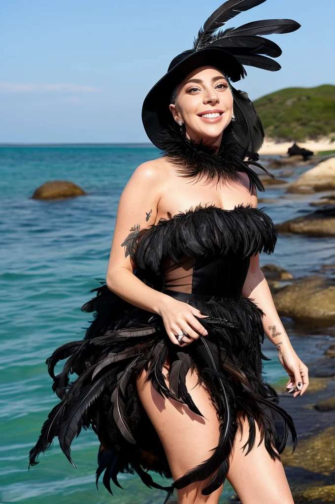 Lady Gaga smiled looking at the camera wearing a long strapless black feather dress, standing on the island and sea