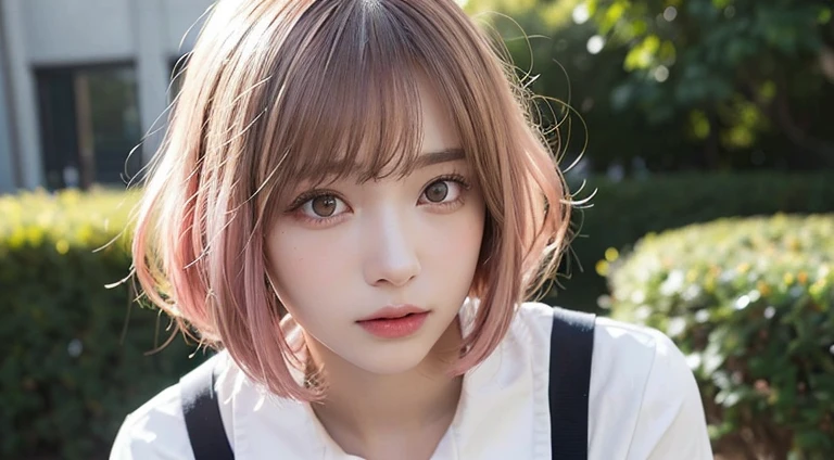 (Bob Cut Hair, Pink Hair:1.2),(Wearing school uniform:1.2),1 girl,Japanese,21 years old,(Small breasts:1.3),(Highest quality,masterpiece:1.3,超A high resolution,),(Ultra-detailed,Caustics),(Photorealistic:1.4,RAW shooting,)Ultra-Realistic Capture,Very detailed,High resolution 16K human skin close-up。 Natural skin texture、,Pores、、It needs to be detailed enough to be easily identifiable。 Skin should be even-toned and healthy looking。 Use natural light and colour, Sad expression, Looking at the camera, Perfect dynamic composition, Outdoor