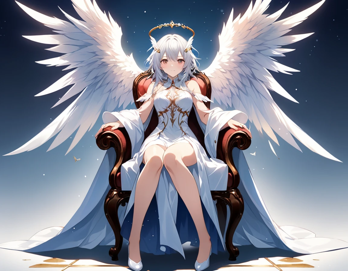 Anime style image,A woman sitting on a chair with wings, Gu Weiss on pixiv artstation, Gu Weiss on artstation pixiv, 8k high quality detailed art, Gu Weiss, anime art wallpaper 8 k, April Rendering, Majestic Angel, artwork in the style of Gu Weiss, Anime Art Wallpaper 4K