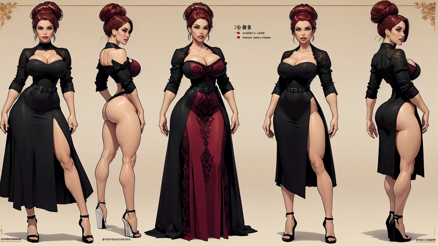 ((character concept art)), ((character design sheet, same person, multiple pose)),(full body view),(adult MILF), Solo, Tall stature, goddess,, Medieval, pale skin, prominent cheekbones, dark red hair in bun, black lace dress, curvy, lipstick