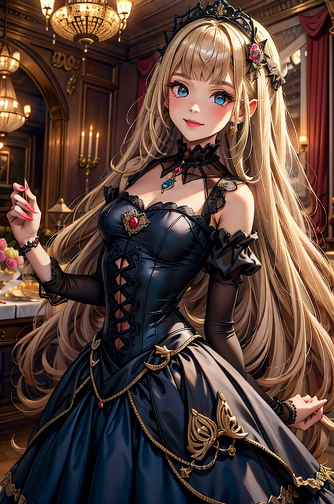 prompt: 8K resolution, Delicate features, , single, Unique pupils, smile, blonde, Princess Cut, Ribbon hair ornament, brooch, Shiny candy blue dress, Gold embroidery,****ta Style, Gothic style, Facing the audience, Otaku Room, Female demon, Small lip width, lips are small, Embarrassed expression, 