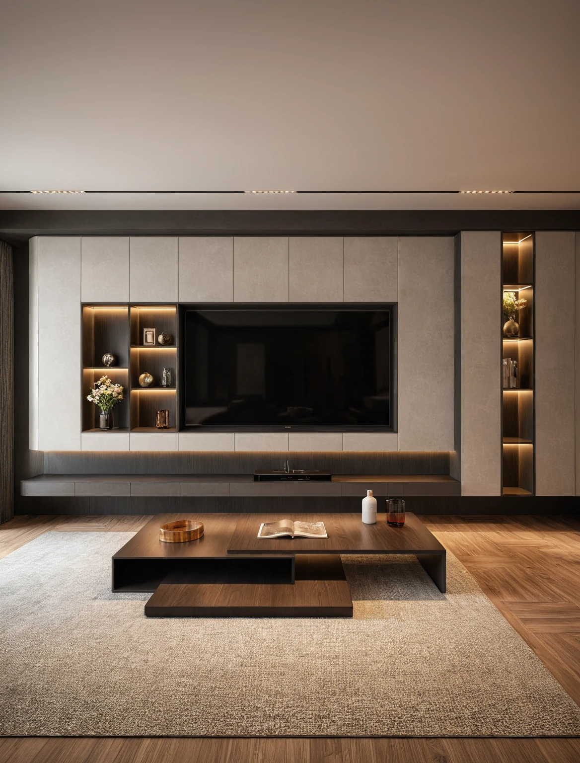 Raw photo,Masterpiece, high quality, best quality, authentic, super detail, interior , sunset, daylight, living room style Modern luxury, TV cabinet, TV, decorative cabinet, books, flower vases, bottles, tea table, tray, wine bottle, open book, carpet, wooden floor, curve, (GRAY tones))