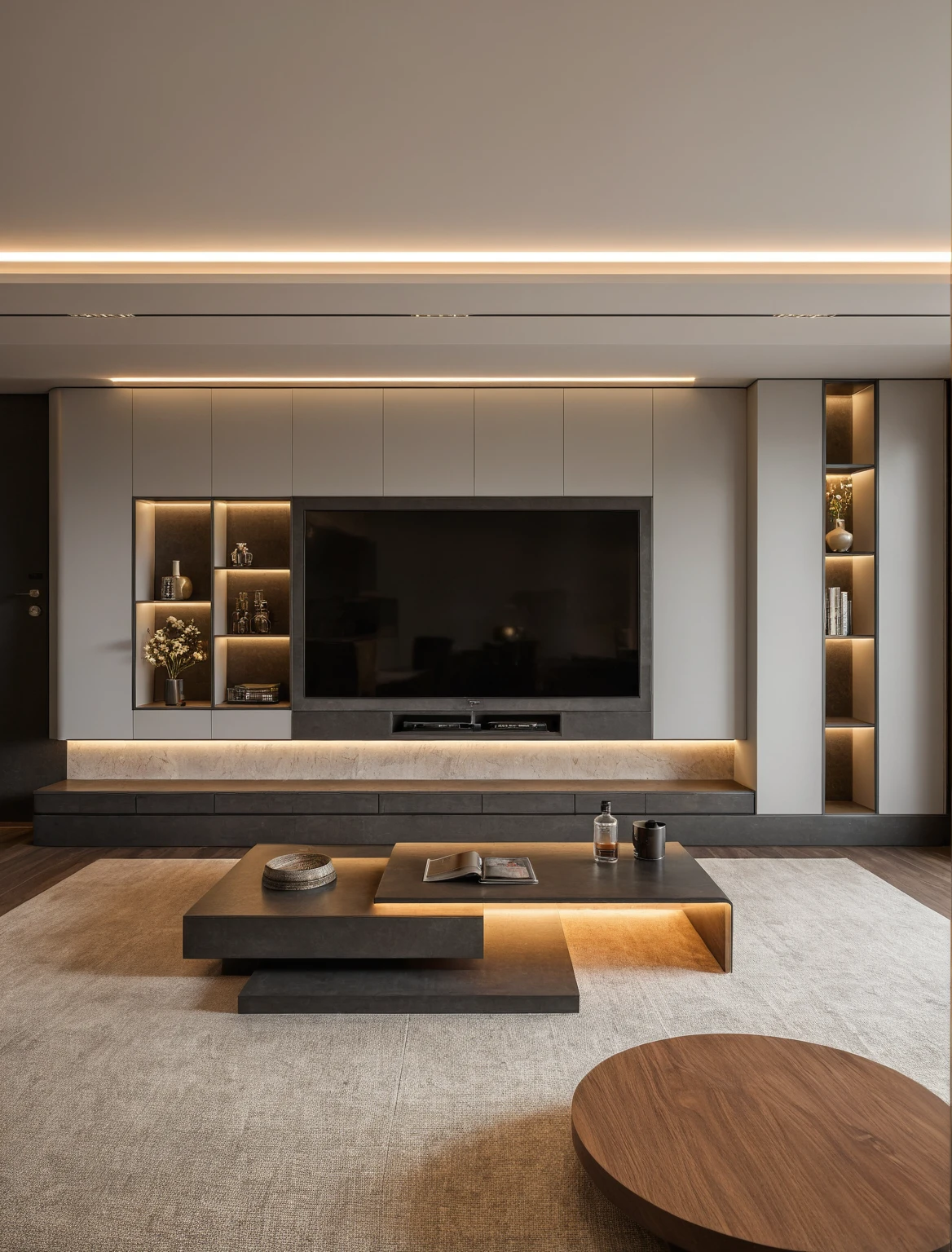 Raw photo,Masterpiece, high quality, best quality, authentic, super detail, interior , sunset, daylight, living room style Modern luxury, TV cabinet, TV, decorative cabinet, books, flower vases, bottles, tea table, tray, wine bottle, open book, carpet, wooden floor, curve, (GRAY tones))