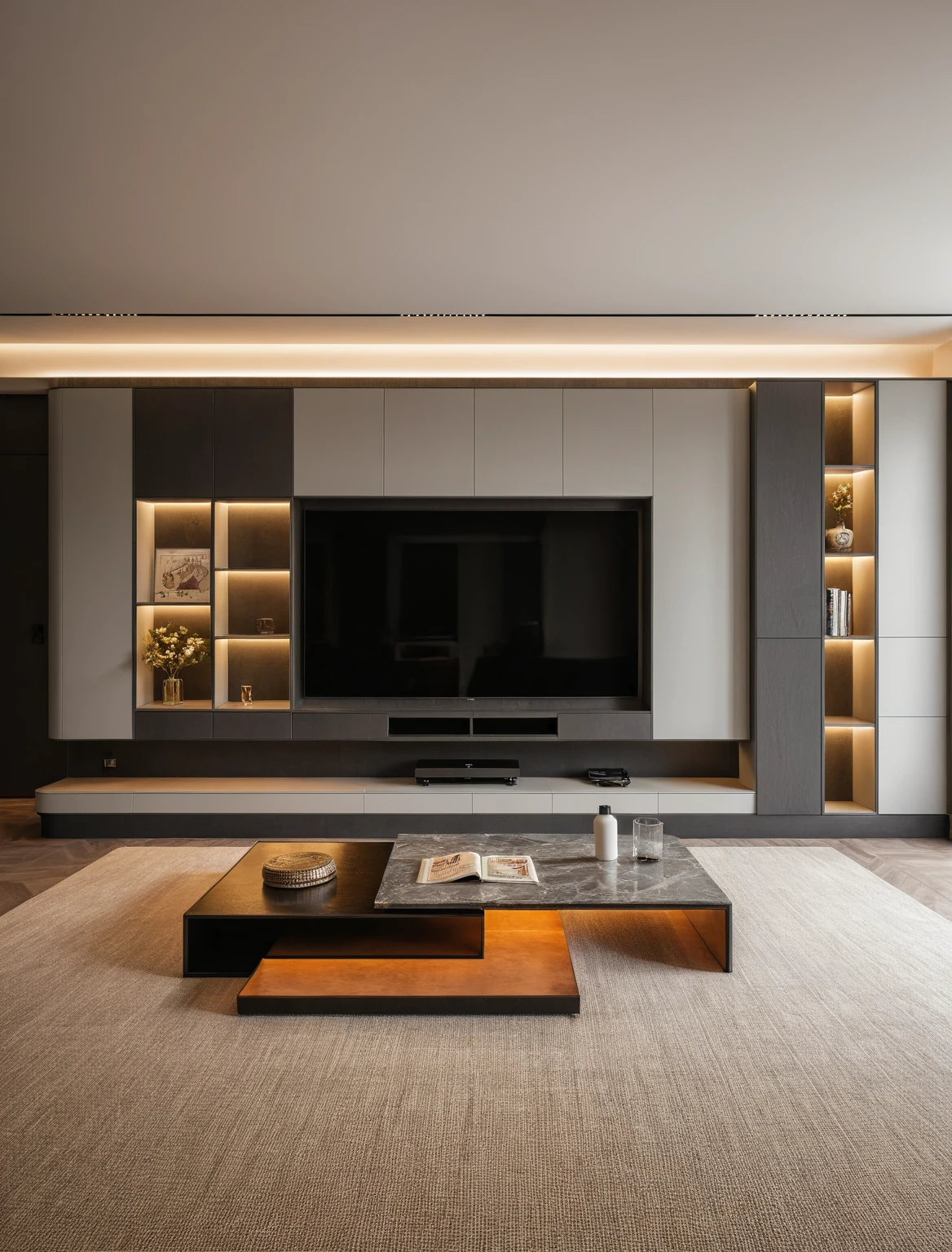 Raw photo,Masterpiece, high quality, best quality, authentic, super detail, interior , sunset, daylight, living room style Modern luxury, TV cabinet, TV, decorative cabinet, books, flower vases, bottles, tea table, tray, wine bottle, open book, carpet, wooden floor, curve, (GRAY tones))