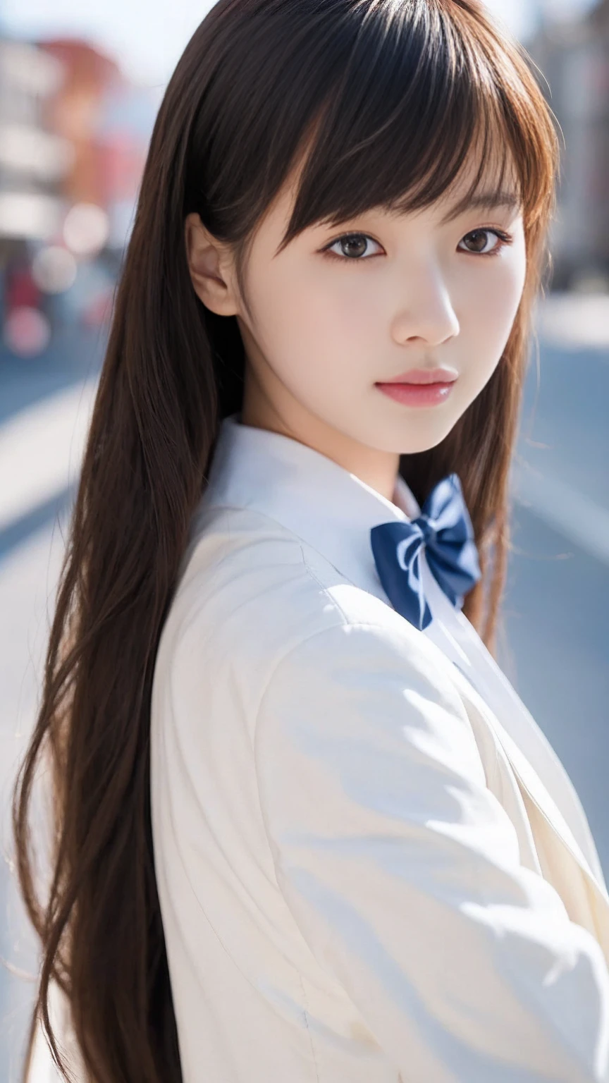 There is a woman with long hair wearing a white jacket and a bow tie.., Korean Girls, Realistic young anime girl, Chinese Girl, Real life anime girls, Long Hair Anime Girl, Shirahime cut hairstyle, Cute natural anime face, Realistic anime 3D style, Beautiful Anime Girls, With a cute face, Beautiful anime portraits, Beautiful Korean Women