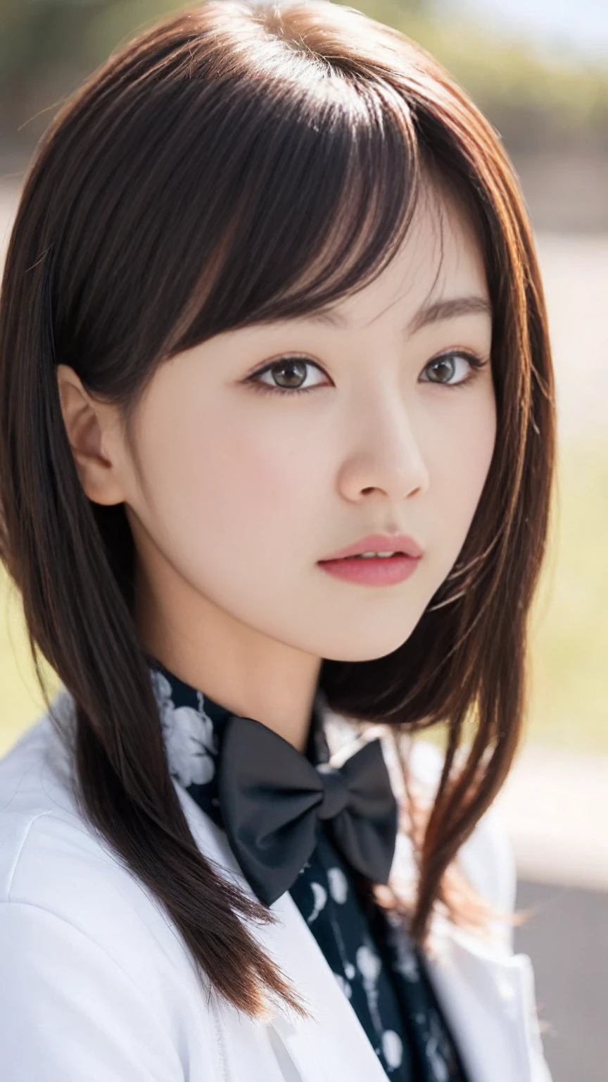 There is a woman with long hair wearing a white jacket and a bow tie.., Korean Girls, Realistic young anime girl, Chinese Girl, Real life anime girls, Long Hair Anime Girl, Shirahime cut hairstyle, Cute natural anime face, Realistic anime 3D style, Beautiful Anime Girls, With a cute face, Beautiful anime portraits, Beautiful Korean Women