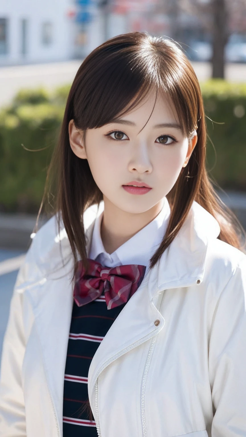There is a woman with long hair wearing a white jacket and a bow tie.., Korean Girls, Realistic young anime girl, Chinese Girl, Real life anime girls, Long Hair Anime Girl, Shirahime cut hairstyle, Cute natural anime face, Realistic anime 3D style, Beautiful Anime Girls, With a cute face, Beautiful anime portraits, Beautiful Korean Women