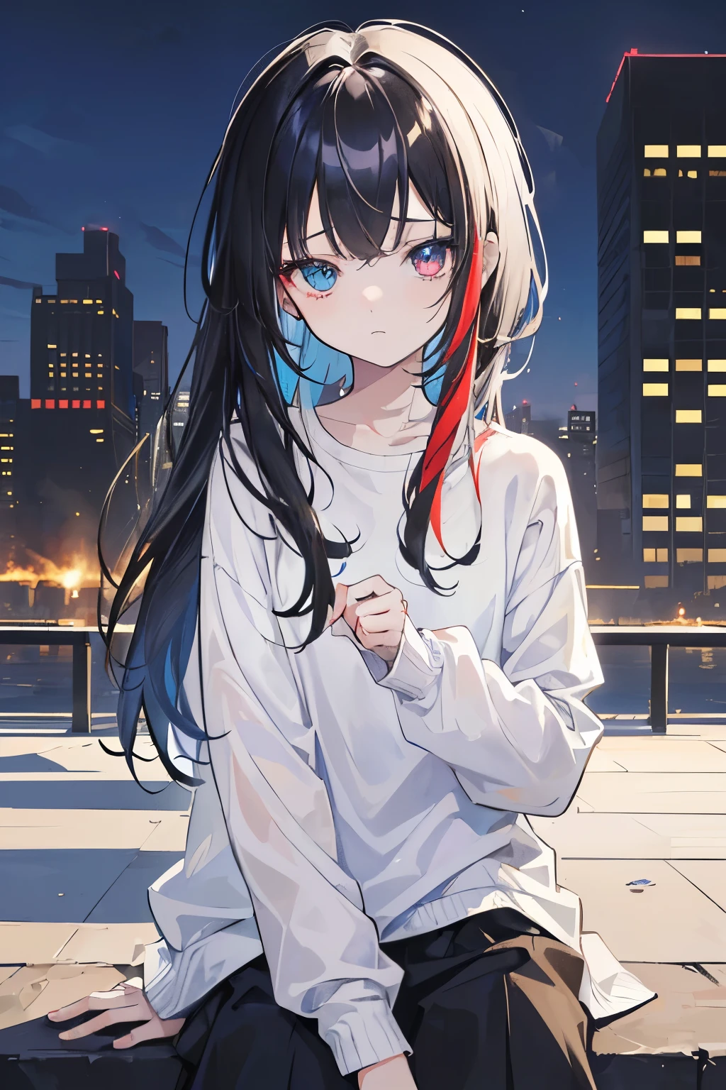 masterpiece, 4k, anime style, (((1_girl))), (((only_one_girl))), (((half_divided_hair))), (((half_divided_color_hair))), ((two_hair_color)), (((individual_hair_color))), (((white_and_black_hair))), (black_hair), ((mixed_color_hair)), (((oddeye))), (((red_right_eye))), (((blue_left_eye))), (((individual_eye_color))), (outside), city, ((12 years old, wearing nothing, ashamed))