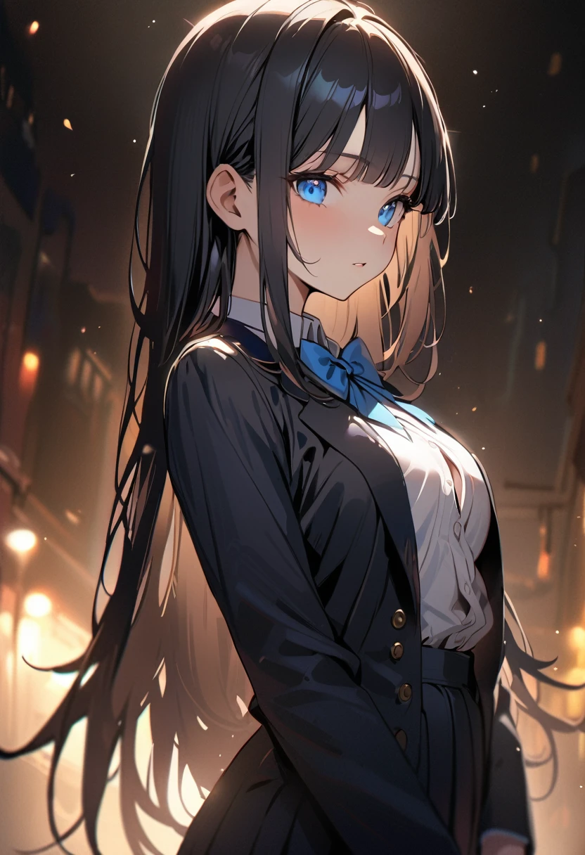 1 girl, long hair, black hair, straight hair, short bangs above brows, blue eyes, blazer, blue bowtie, white shirt, pleater skirt,
BREAK (masterpiece), (high resolution 8K), cinematic lighting, professional lighting, detailed eyes and face, detailed body,
BREAK bra lift, (NSFW:1.2),