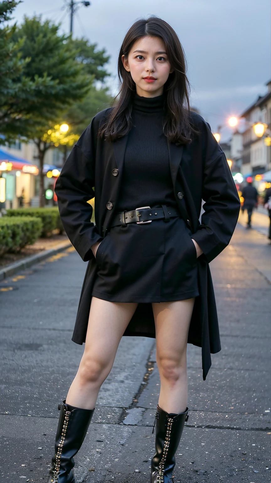 (8K、RAW Photos、Highest quality、masterpiece:1.2)、(Realistic、Realistic)、1 Girl、((Check mini skirt、Long coat、Medium Hair、black、Thin legs、whole body、boots、blackいコート、one piece、tights、Night Park、View from the front、Looking into the camera、belt、Stand with hands on hips))、cute