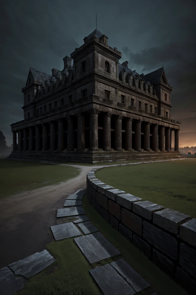 wall of an ancient building that can be seen from the ground dark colors tones, night, eerie atmosphere rich in detail high resolution digital photo