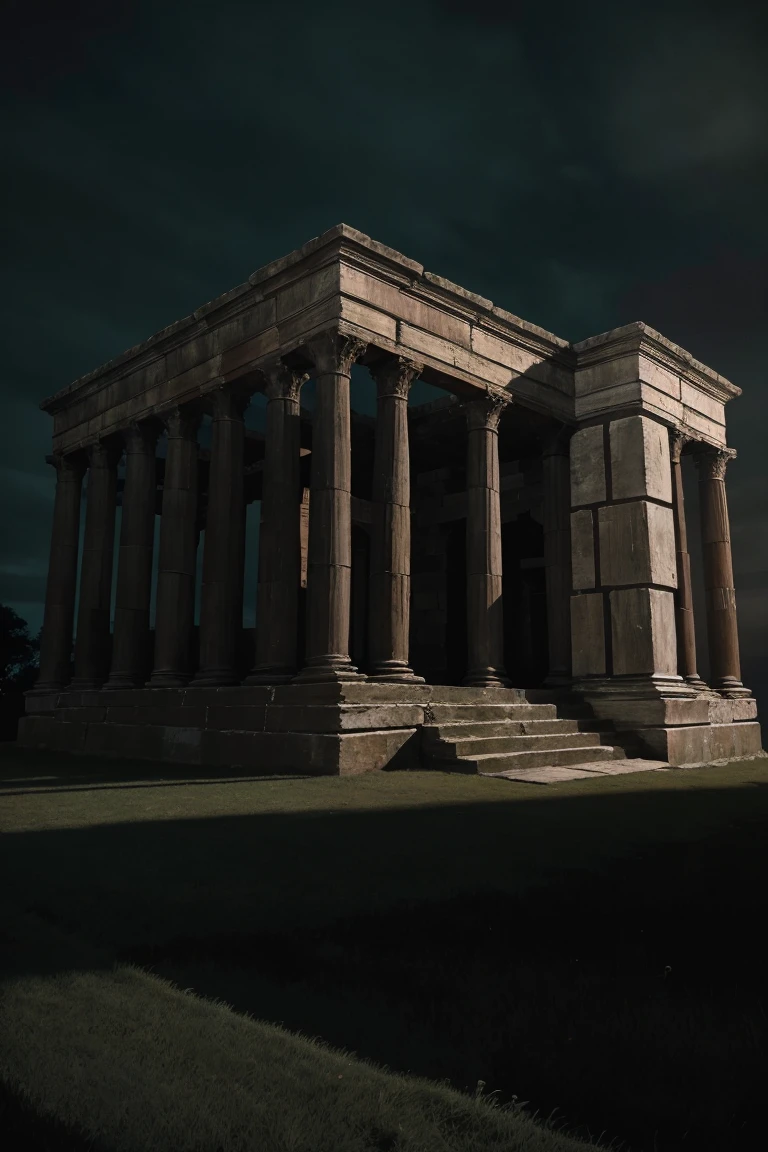 wall of an ancient building that can be seen from the ground dark colors tones, night, eerie atmosphere rich in detail high resolution digital photo
