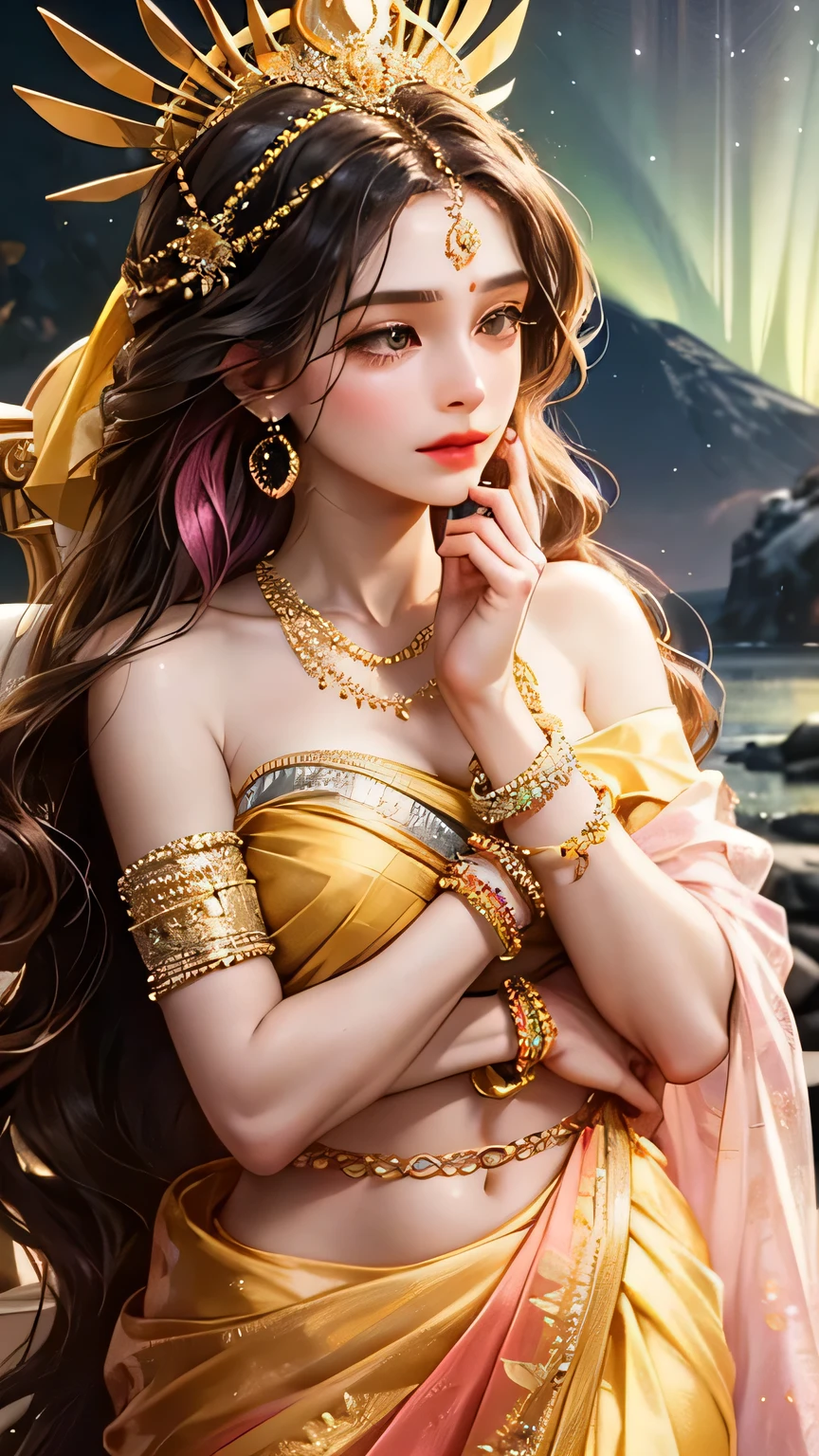 Goddess, very beautiful, animated style, closeup shot, anime in a yellow and pink combination indian saree, long black wavy hair untied, head jewellery, head clips, head chains, head tiara, necklace, long and beautiful earings, armlets, bangles and bracelets, rings, pleasant expression, bright big black eyes, holding a flower, natural beauty, vibrant colors, dreamy, northern light, pink bubble, romantic, soft lighting, vintage aesthetic