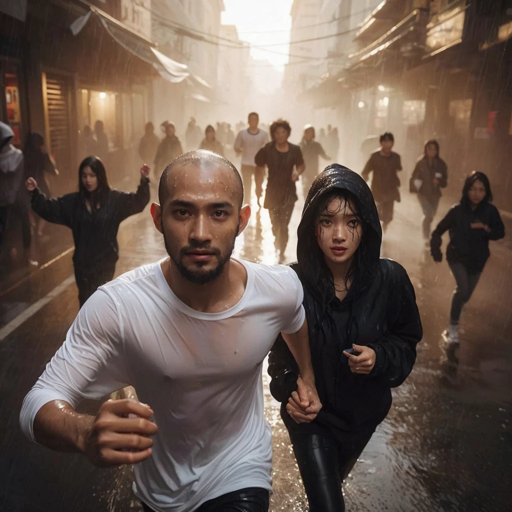 Wide shoot, full shoot, Best picture quality, ultra high resolution, (fidelity :1.4), photo, korean couple, there is man is running in front and pull the hand the woman behind him,(happyness), white shirt black hoodie, Dim, gust wind, dark, (afternoon), (Wet clothes:1.4), looking the camera, perfect faces, bare shoulders, Real rain, wet hair, cinematic, god rays, ray tracing, reflection light, Expressionism, Realism, masterpiece, highres, 16k, textured skin, anatomically correct