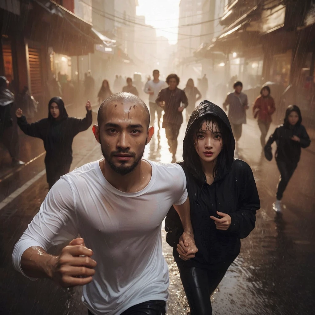Wide shoot, full shoot, Best picture quality, ultra high resolution, (fidelity :1.4), photo, korean couple, there is man is running in front and pull the hand the woman behind him,(happyness), white shirt black hoodie, Dim, gust wind, dark, (afternoon), (Wet clothes:1.4), looking the camera, perfect faces, bare shoulders, Real rain, wet hair, cinematic, god rays, ray tracing, reflection light, Expressionism, Realism, masterpiece, highres, 16k, textured skin, anatomically correct