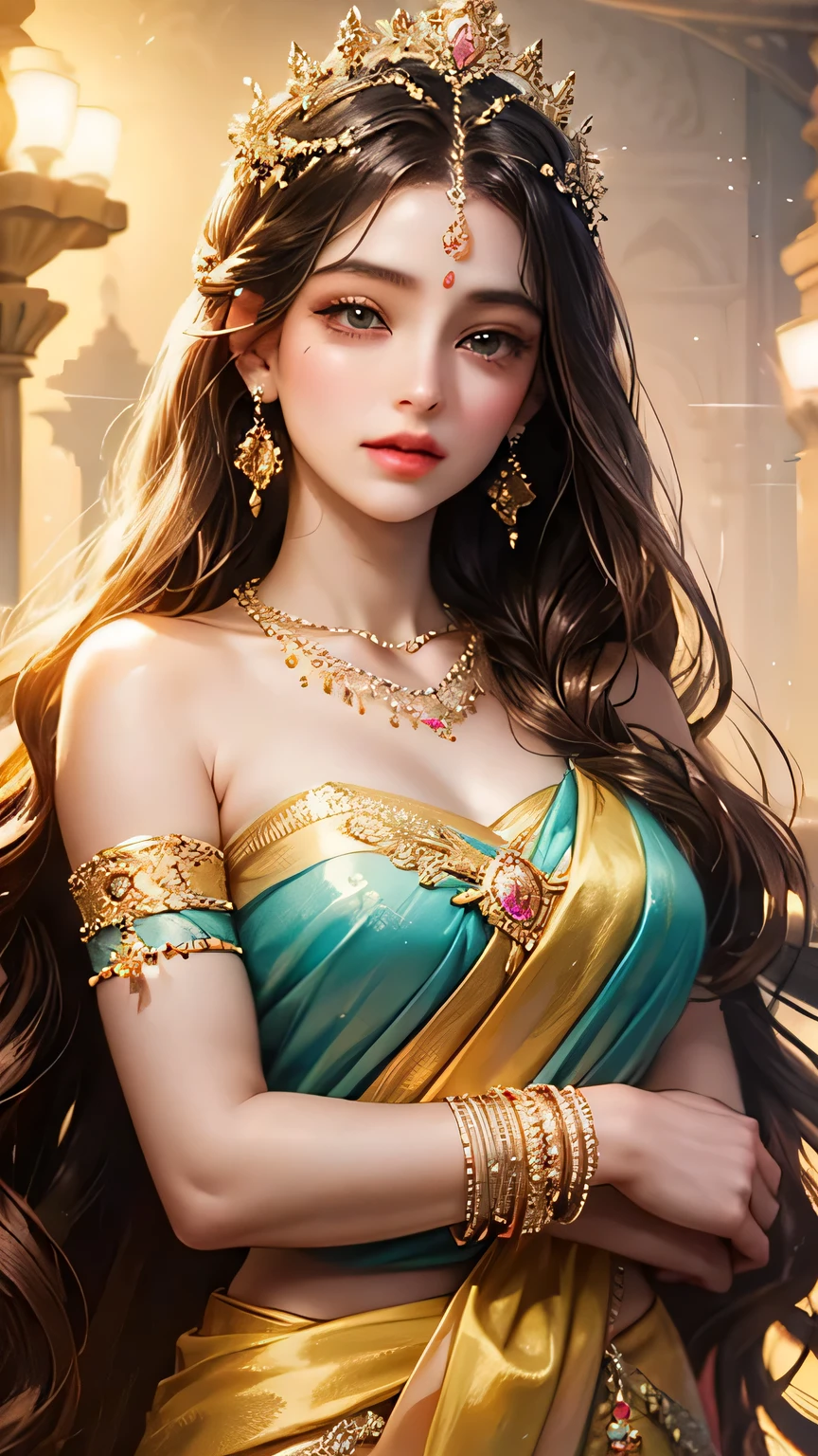 Goddess, very beautiful, animated style, closeup shot, anime in a yellow and pink combination indian saree, long black wavy hair untied, head jewellery, head clips, head chains, head tiara, necklace, long and beautiful earings, armlets, bangles and bracelets, rings, pleasant expression, bright big black eyes, holding a flower, natural beauty, vibrant colors, dreamy, northern light, pink bubble, romantic, soft lighting, vintage aesthetic