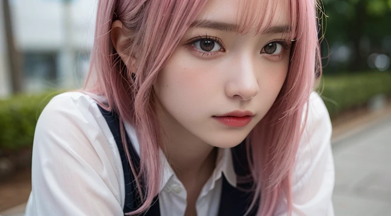 (Long Hair, bangs, Pink Hair:1.2),(Wearing school uniform:1.2),1 girl,Japanese,21 years old,(Small breasts:1.3),(Highest quality,masterpiece:1.3,超A high resolution,),(Ultra-detailed,Caustics),(Photorealistic:1.4,RAW shooting,)Ultra-Realistic Capture,Very detailed,High resolution 16K human skin close-up。 Natural skin texture、,Pores、、It needs to be detailed enough to be easily identifiable。 Skin should be even-toned and healthy looking。 Use natural light and colour, Sad expression, Looking at the camera, Perfect dynamic composition, Outdoor