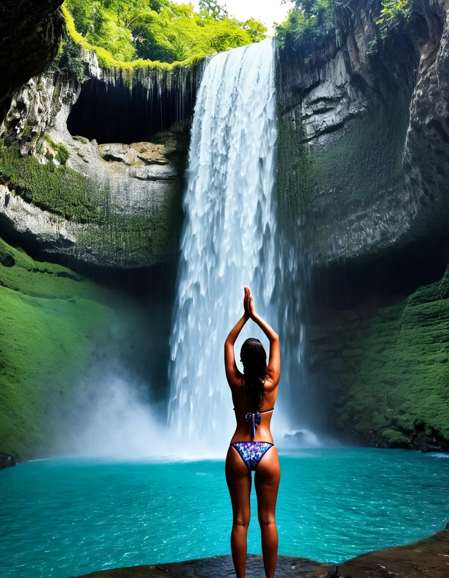 there is a woman in a bikini standing in front of a waterfall, a picture by david rubín, unsplash, figuration libre, Bathing in the waterfall, standing in a waterfall, in a waterfall stehen, play in waterfalls, under a waterfall, in a cave with waterfall, Under waterfall, standing in front of a waterfall, in a waterfall, with a waterfall