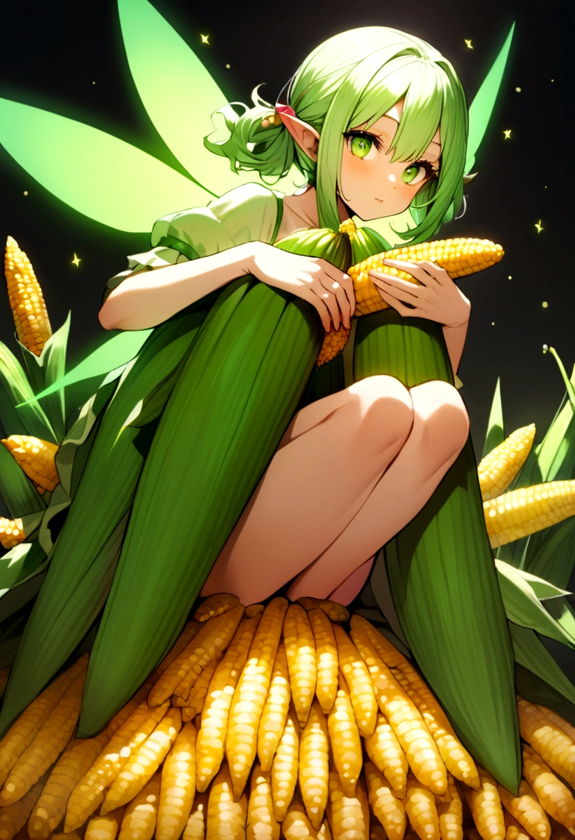 a fairy flying over a pile of Corn, holding one Corn on her hand