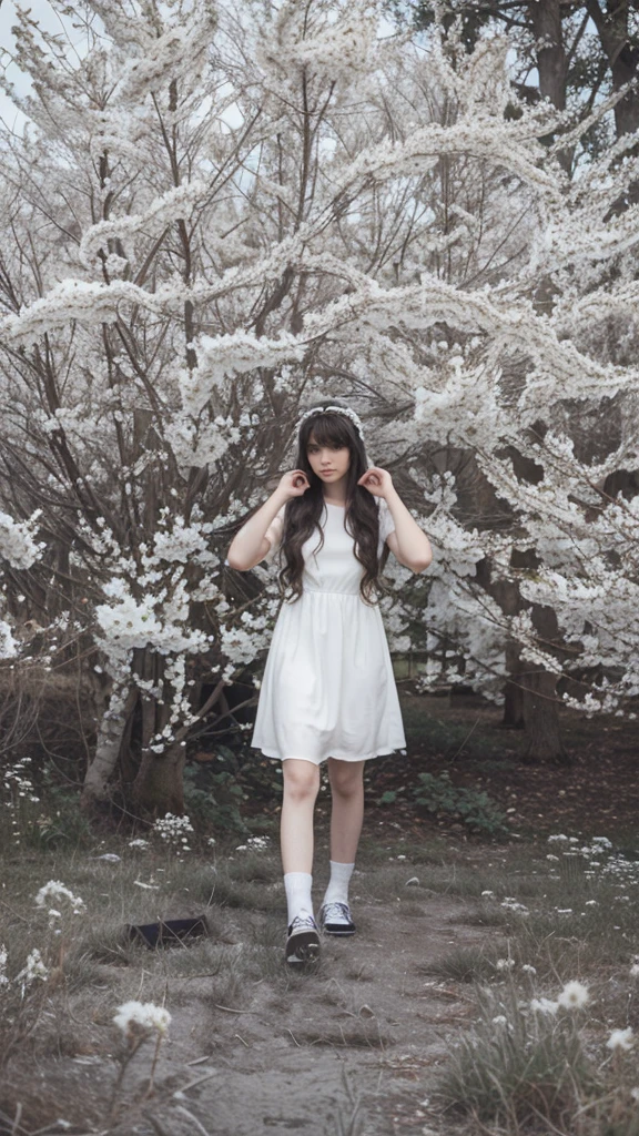 A girl with long wavy hair with bangs, wearing a white dress and white veil, wearing black shoes and white socks, standing behind white flowers trees